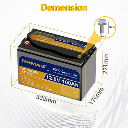 SHMAG 12.8V 100Ah LiFePO4 Lithium Battery 1280Wh Energy